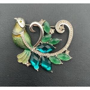 Vintage Napier Blue & Green Rhinestone Bird Broach w/Enameled Feathers Signed